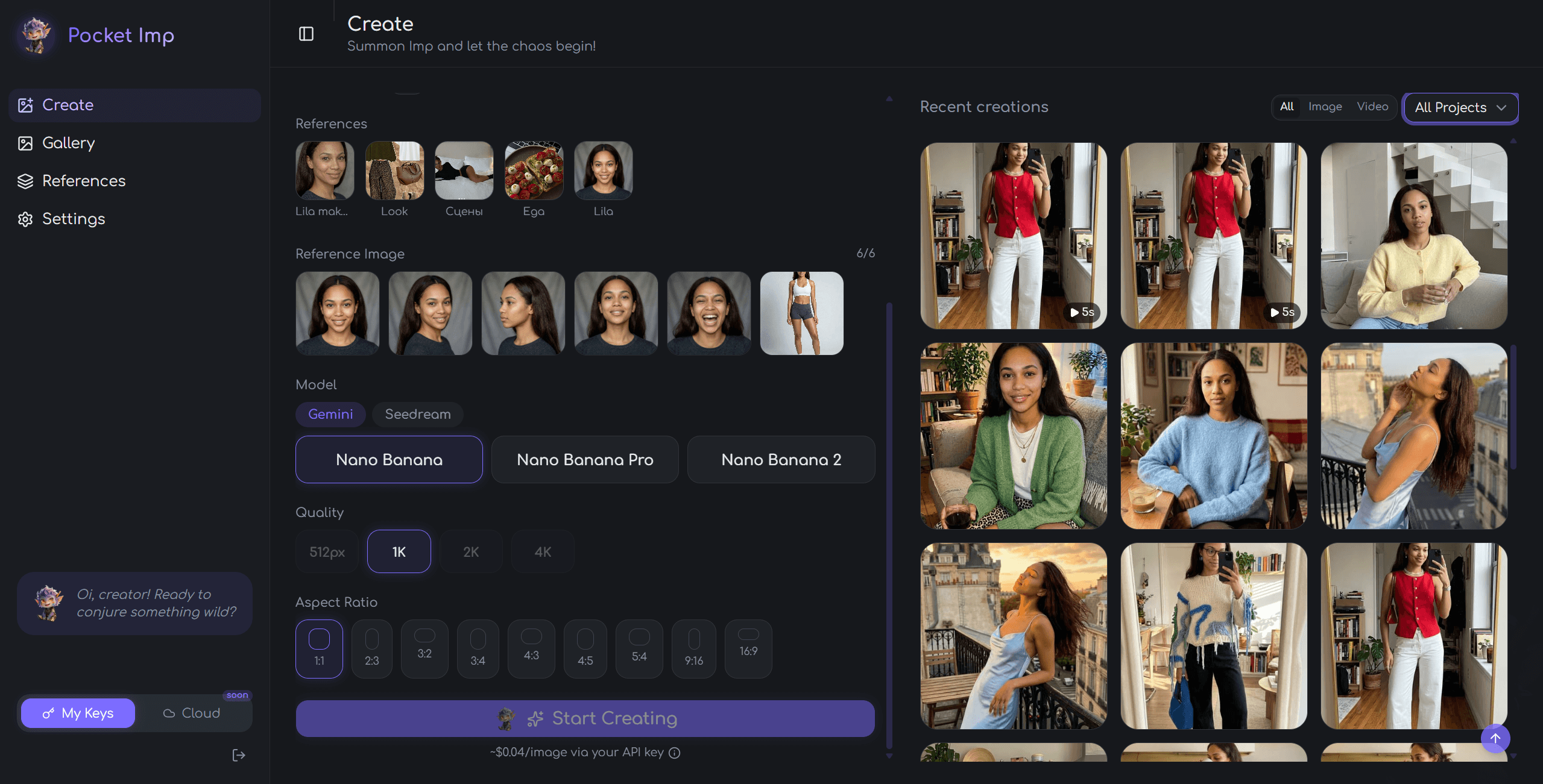 Pocket Imp — AI Image and Video Generator interface